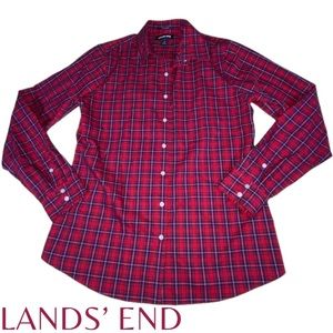 Lands' End Women's No Iron Supima Red Navy Plaid Button Down Shirt - Women’s 8